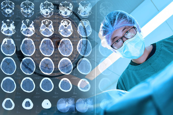 images from a computerized tomography of the brain and veterinarian surgeons in operating room  - Photo, Image