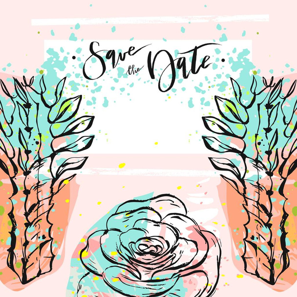 Hand drawn vector abstract creative unusual universal save the date card template with graphic flowers and succulents in pastel colors.Hand made textures.Wedding,anniversary,birthday,party invitation - Vetor, Imagem