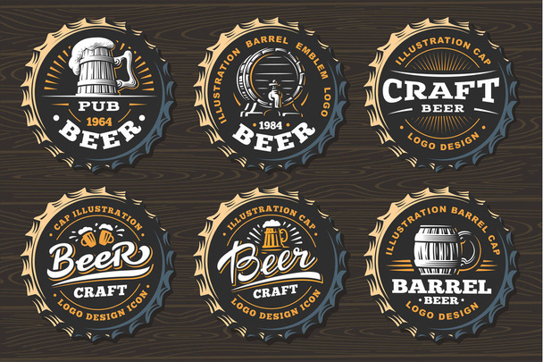 Встановити логотип пива на кепках Векторні ілюстрації, дизайн пивоварні емблеми
 - Вектор, зображення