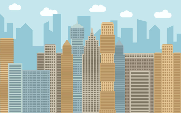 Vector urban landscape illustration. Street view with cityscape, skyscrapers and modern buildings at sunny day. - Vector, Image