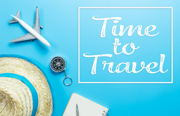 Time to travel text on blue accessories vacation trip - Photo, Image