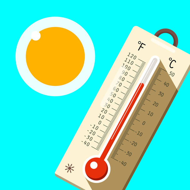 Thermometer met blauwe lucht en Sun. hete zomerdag symbool. Vector. - Vector, afbeelding
