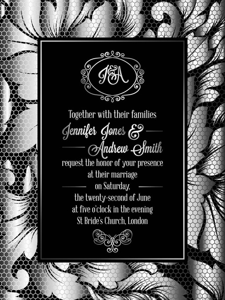 Μπαρόκ στυλ vintage γάμος πρόσκληση πρότυπο κάρτας... Κομψή σχεδίαση τυπικής με δαμασκηνά φόντο, παραδοσιακή διακόσμηση για το γάμο, ασημένια διακόσμηση σε μαύρο φόντο - Διάνυσμα, εικόνα