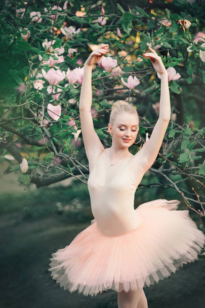 Açık havada klasik bale balerin çiçeklenir toprakları pozlar. - Fotoğraf, Görsel