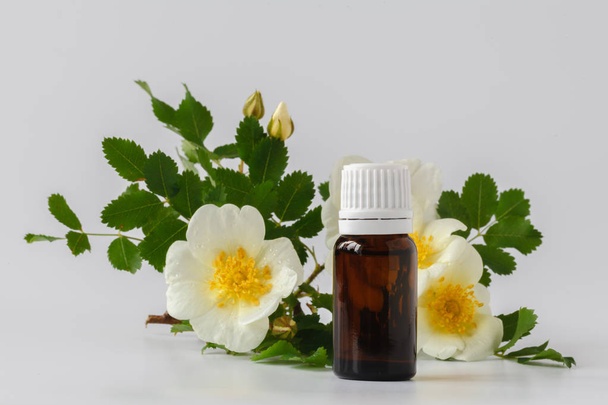 A bottle of rose essential oil with small rose blossoms on a whi - Photo, Image