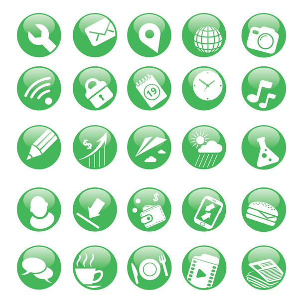Set of green icons with glare for web - Vector, imagen