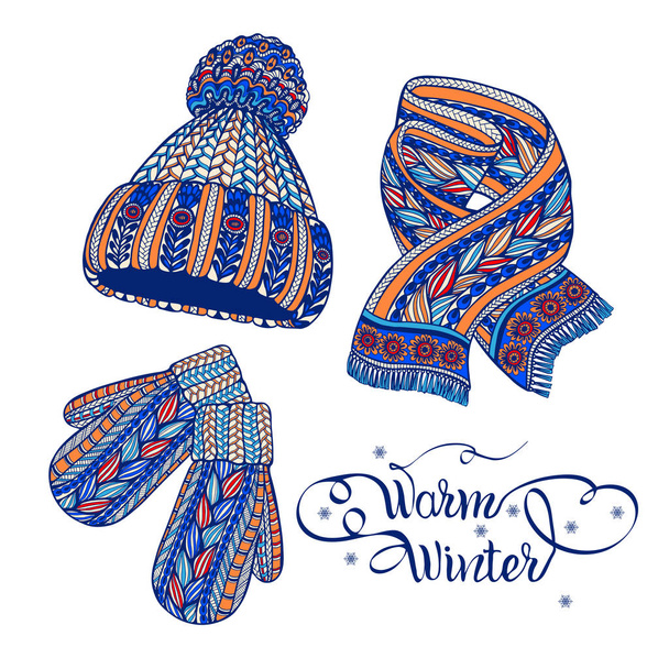 Warm hat mittens scarf color doodle  - Vector, Image