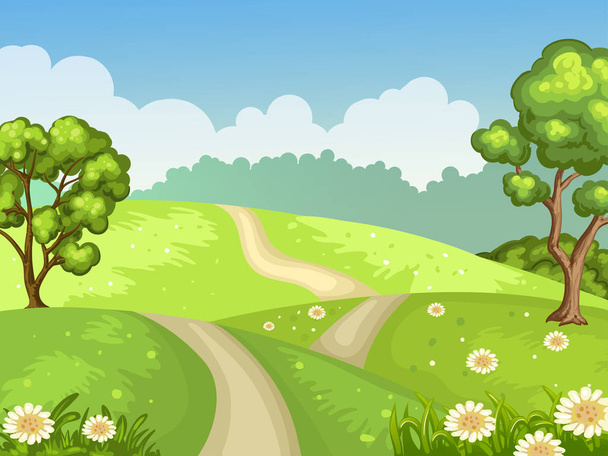 Зеленое поле с холмами и деревьями
 - Вектор,изображение