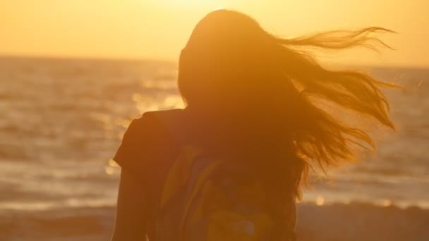 Νεαρός ταξιδιώτης γυναίκα στέκεται στην όχθη του ωκεανού και βλέπουν την Ανατολή του ηλίου. Νεαρό θηλυκό τουριστών με σακίδιο απολαμβάνοντας την θέα της παραλίας στη θάλασσα στο ηλιοβασίλεμα. Κορίτσι πεζοπόρος σε ταξίδια ή καλοκαιρινές διακοπές. Πίσω πίσω όψη - Πλάνα, βίντεο