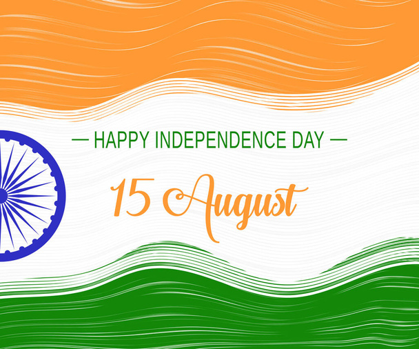 Vector dag van de onafhankelijkheid van India achtergrond met Ashoka wiel, gestileerde nationale vlag van India en belettering. - Vector, afbeelding