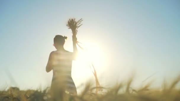 Mujer joven ejecutar ramo de campo trigo cinta roja aleteos sol rápido cámara lenta
 - Metraje, vídeo