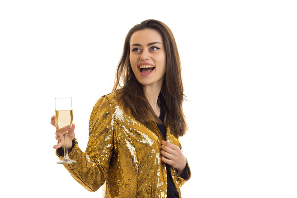 funny stylish woman in golden jacket with champagne - Foto, Imagen
