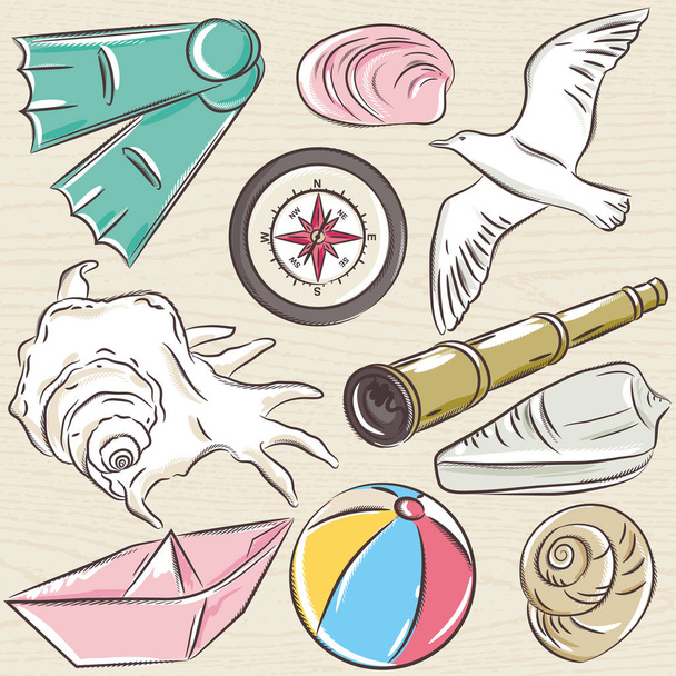 Σύνολο καλοκαίρι σύμβολα, βάρκα, κοχύλι, πυξίδα, τηλεσκόπιο, θάλασσα - Διάνυσμα, εικόνα