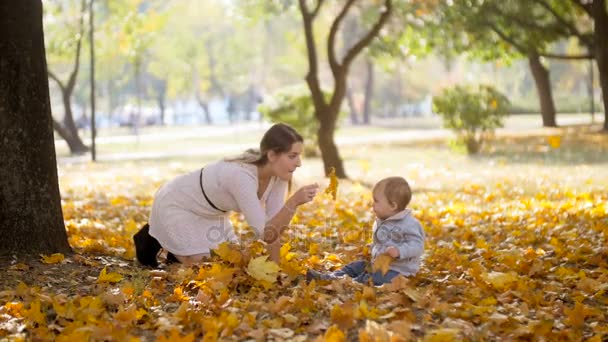 Filmagem em câmera lenta do menino bonito com a jovem mãe se divertindo no parque de outono
 - Filmagem, Vídeo