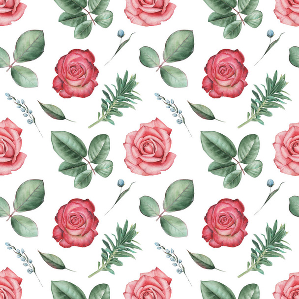 Seamless watercolor pattern with flowers and leaves, isolated on white background - Foto, Bild
