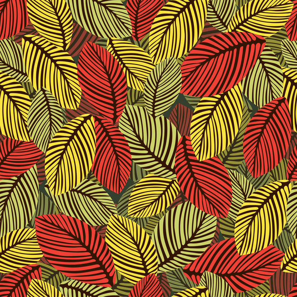 Abstract autumn leaves seamless pattern, vector background. Hand-drawn leaves on a green background. For fabric design, wallpaper, wrappers - Vektori, kuva