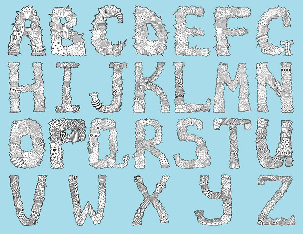 Hand drawn alphabet on blue - Vettoriali, immagini