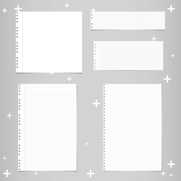 White orzekł, paski, kwadrat, notebook, arkusze papier paź piśmiennicze i streszczenie gwiazd na szarym tle. - Wektor, obraz