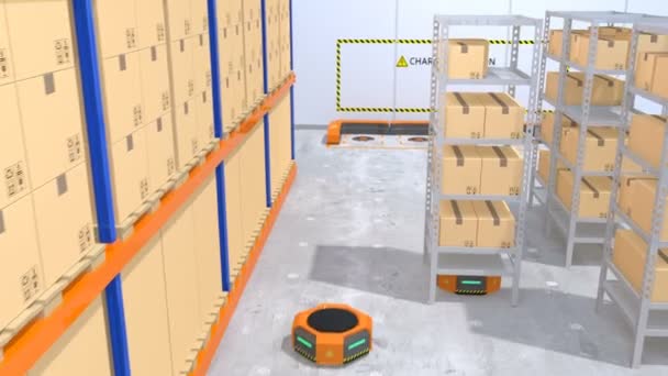 Magazijn van robots en drone die goederen vervoeren - Video