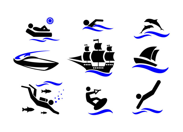 Sport. Vízi sportok. Aktív pihenés a tengerparton. Az ikonok beállítása.  - Vektor, kép