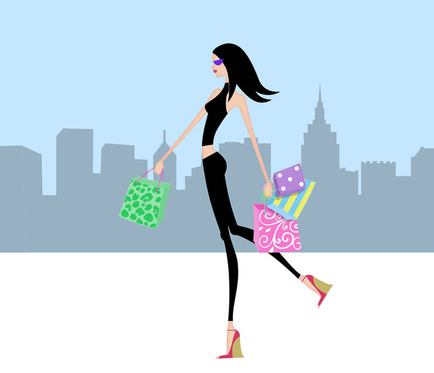 Menina chique andando com sacos de compras na cidade
 - Foto, Imagem