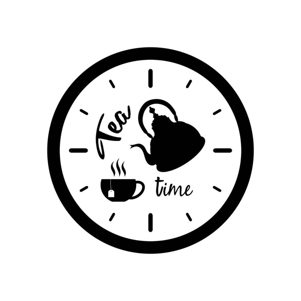 Clock silhouette with tea pot, cup and text Tea Time - Vector, Image