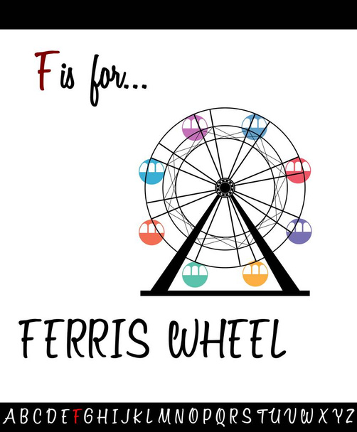 Illustrated vocabulary worksheet card F is for FERRIS WHEEL - Vector, Image