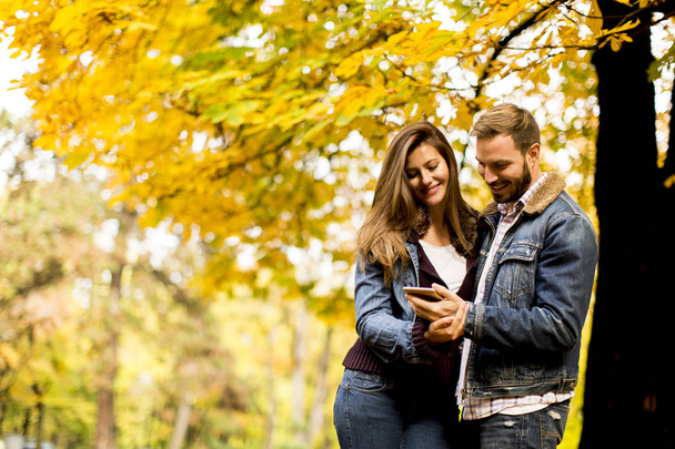 Para oglądania inteligentny telefon i stojąc w jesienny park - Zdjęcie, obraz