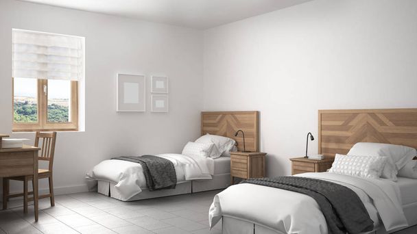 2 ベッド、古いスタイル インテリア d の北欧ヴィンテージ寝室 - 写真・画像