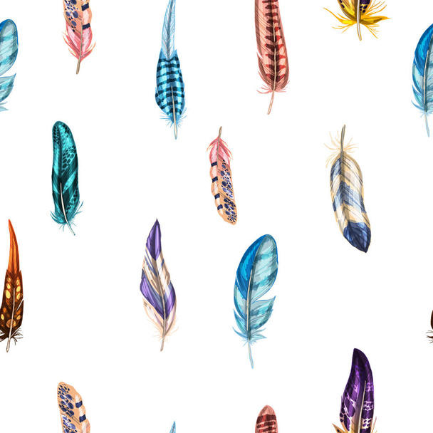 Seamless pattern with colorful detailed bird feathers. Vector illustration. - Вектор,изображение