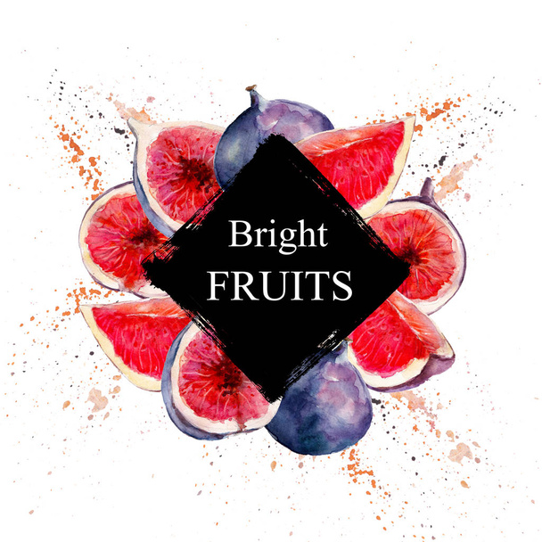 "Bright Fruits" sale and other flyer template with lettering. Typography poster, card, label, banner design. Watercolor illustration with fig background, splashes and square grunge label. - Photo, Image