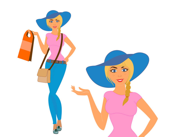 Girl in a hat with a purchase in hand. - Vector, Image