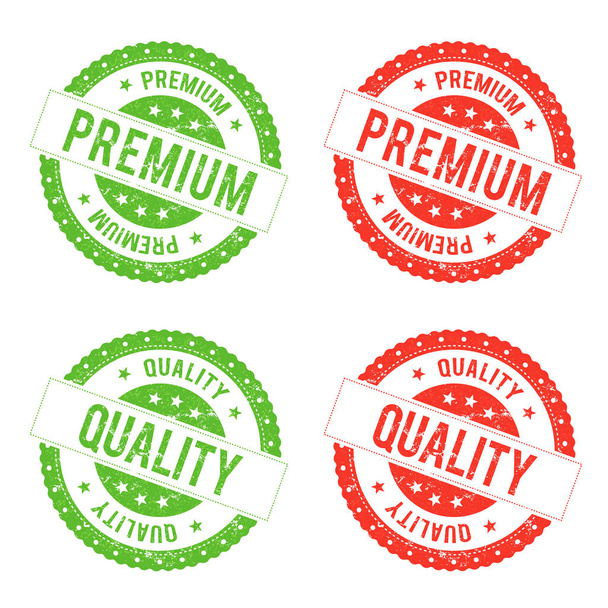 Set aus grünen und roten Qualitätssiegeln und Premium-Siegeln isoliert auf weißem Hintergrund - Vektor, Bild