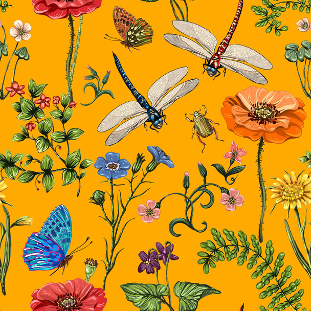 夏はシームレスなパターンをベクトルします。植物の壁紙。植物、昆虫、ビンテージ スタイルの花。蝶、トンボ、カブトムシ、明るい背景にプロヴァンスのスタイルで植物 - ベクター画像