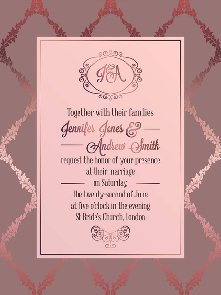 Plantilla de tarjeta de invitación de boda de estilo barroco vintage.. Diseño formal elegante con fondo de damasco, decoración tradicional para boda, color rosa
 - Vector, Imagen