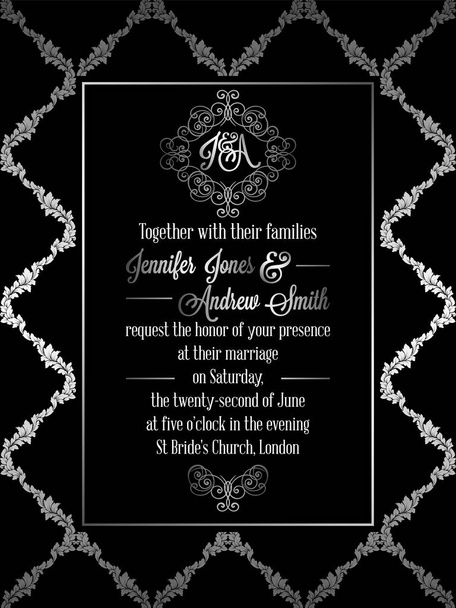 Vintage baroque style wedding invitation card template.. Elegant formal design with damask background, traditional decoration for wedding , silver decoration on black background - Vector, Image