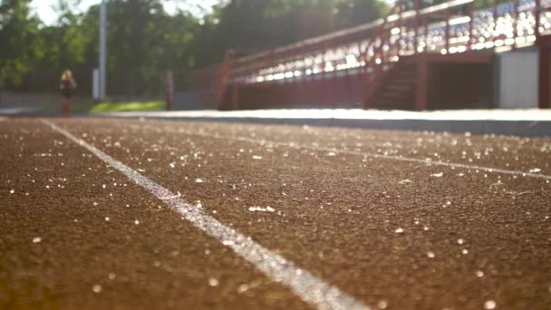 Забігаюча дівчина спорту на гонці на стадіоні в сонячний ранок
 - Кадри, відео