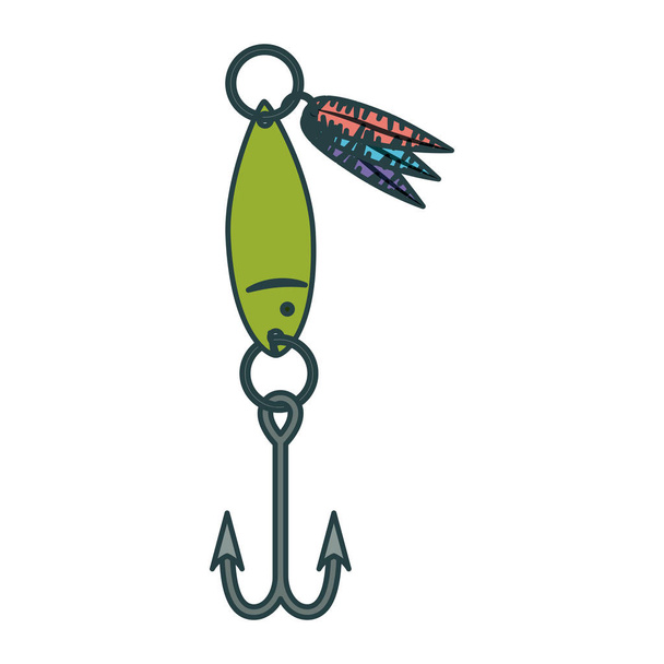 colorful silhouette of fishhook with decorative feathers with thick contour - Vector, Image