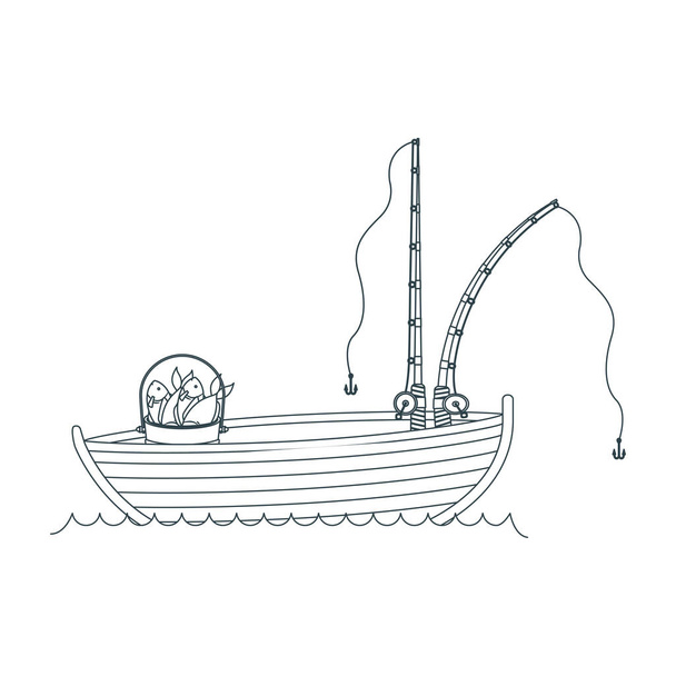 azul silhueta escura barco de pesca de madeira no lago e dois cana com balde cheio de peixes
 - Vetor, Imagem