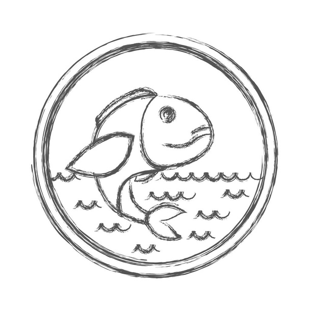 розмитий ескіз силует кругової емблеми з хвилями моря і басової риби
 - Вектор, зображення