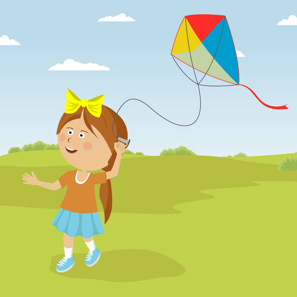 Cute little girl playing with kite outdoor - Vetor, Imagem
