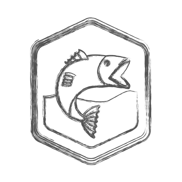 川で魚おしゃべりとダイヤモンド形エンブレムのぼやけスケッチ シルエット - ベクター画像
