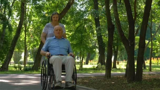 Ανώτερος γυναίκας που ωθεί το σύζυγό της σε εξωτερικούς χώρους με αναπηρικό καροτσάκι - Πλάνα, βίντεο