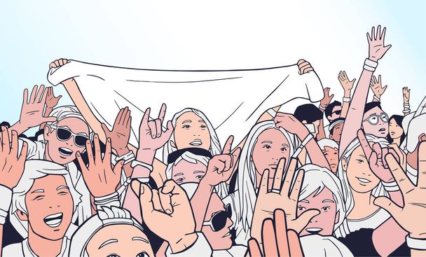 Illustration einer gemischten ethnischen Menge, die mit erhobenen Händen auf einem Musikfestival jubelt - Vektor, Bild