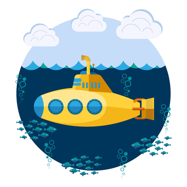 U-Boot mit Periskop, Fische und Blasen, Unterwasserboot - Vektor, Bild