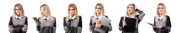 Набор различных поз молодой бизнес-женщины в pullover, изол
 - Фото, изображение