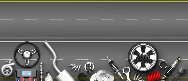 Різні запчастини та аксесуари для автомобілів на сірому дорозі. 3d ілюстрація
 - Фото, зображення