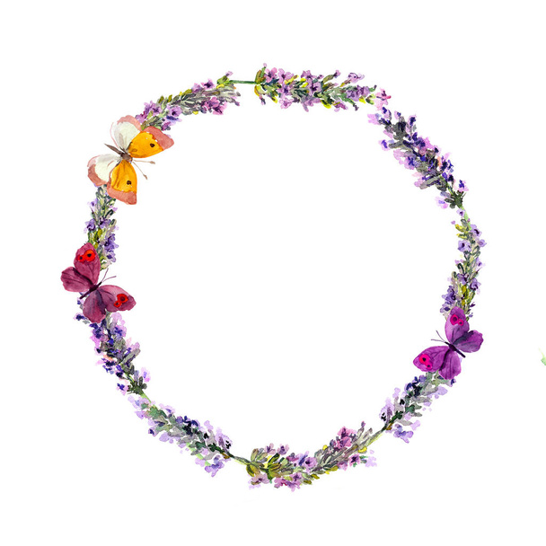 Lavender flowers wreath and butterflies. Watercolor - Foto, Imagem