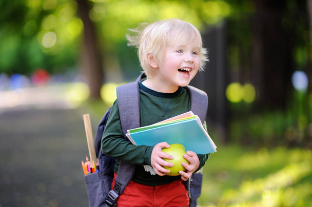 Cute little schoolboy with his backpack and apple. Back to school concept. - Photo, Image