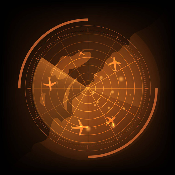 Ekran radaru pomarańczowy z samolotu i mapy - Wektor, obraz